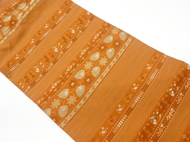 リサイクル　手織り紬横段に抽象草花模様織出し名古屋帯